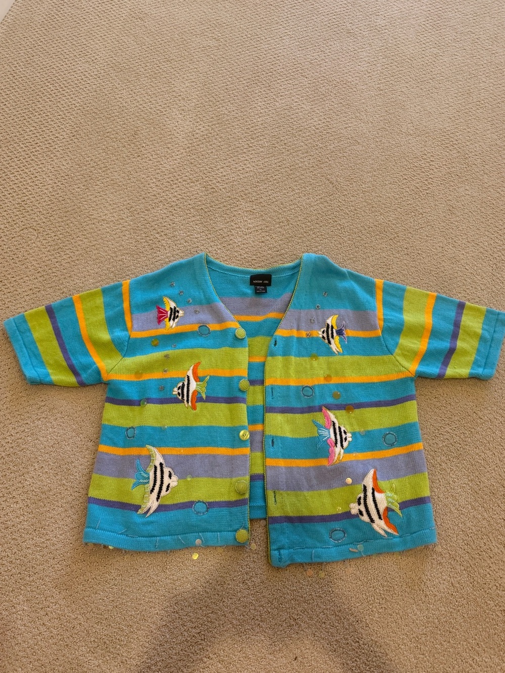 Colorful Striped Fish Embroidered Cardigan - Blue & Green
